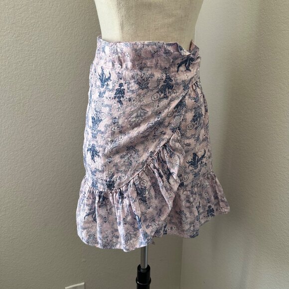 Isabel Étoile Marant Tempster Pink Blue Floral Faux Wrap Skirt Ruffle Hem Linen - Picture 1 of 8